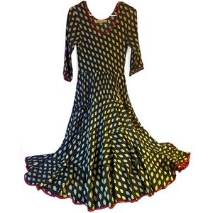 Vintage Black Gold & Red Floral Print Indian Maxi Dress With Circle Skirt
